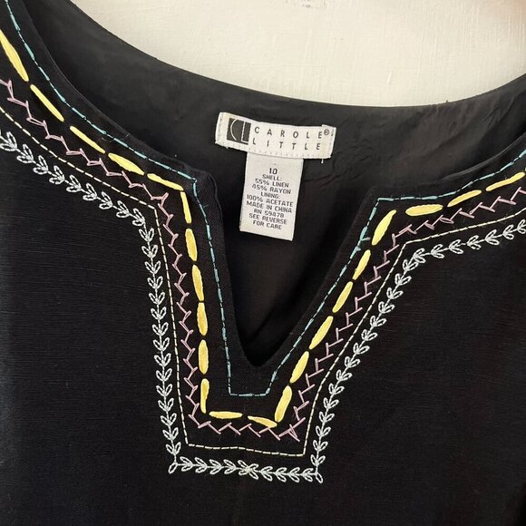 Carol Little Woman's Black Embroidered Bohemian Linen Maxi Dress Sz 10 - Picture 6 of 11